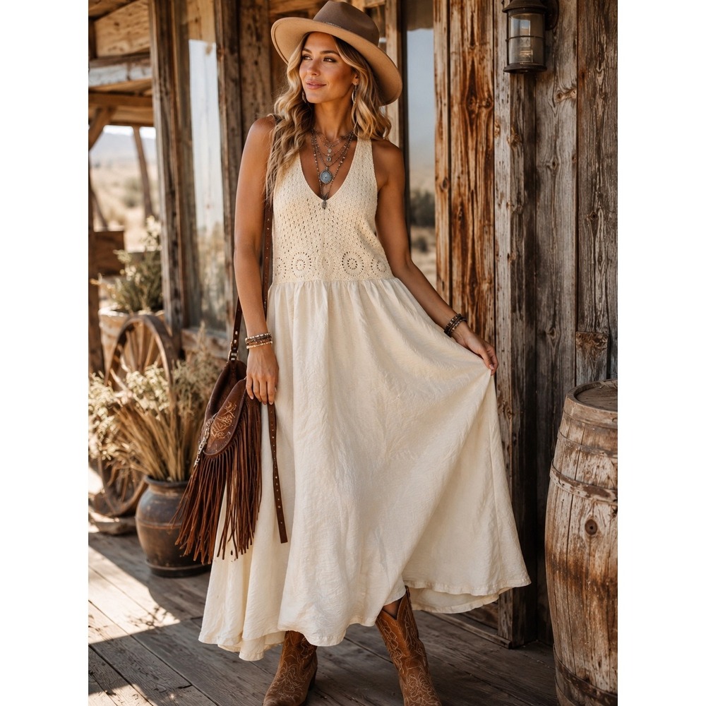 Loft Women Ivory Crochet Halter Maxi Dress Boho Western Festival Size 12